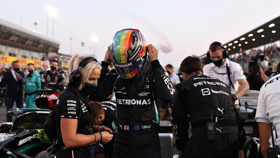 DOHA, Qatar - NOVEMBER 21: Lewis Hamilton of Great Britain and the Mercedes GP prepare to drive on the grid during the F1 Grand Prix of Qatar at the Losel International Circuit on November 21, 2021 in Doha, Qatar.  (Photo by Lars Baron/Getty Images)