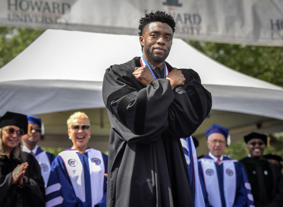 Chadwick Boseman addressing a Harvard University graduate in 2018.  Photo: Getty Images.