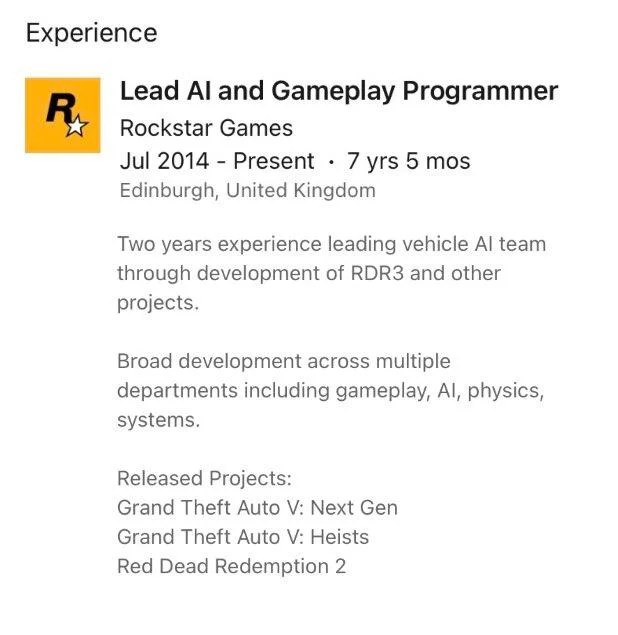 LinkedIn profile of a Rockstar Games employee talking about Red Dead Redemption 3.