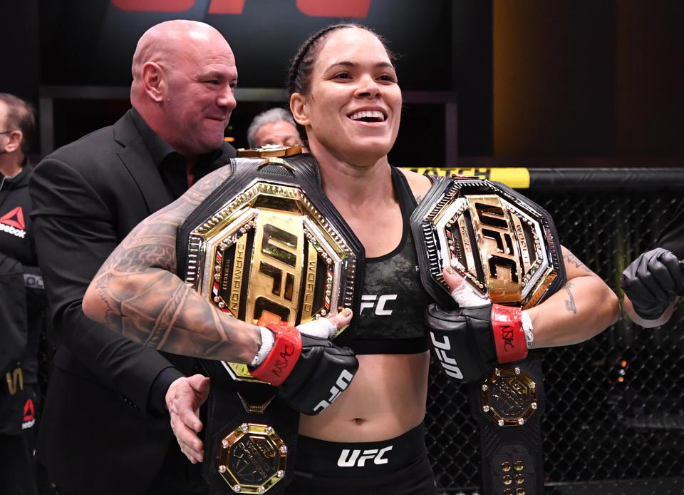 LAS VEGAS, Nevada - MARCH 06: Amanda Nunes of Brazil reacts after her victory over Megan Anderson of Australia in a UFC Featherweight Championship fight during the UFC 259 event at UFC Apex on March 06, 2021 in Las Vegas, Nevada.  (Photo by Jeff Bottari / Zuffa LLC)
