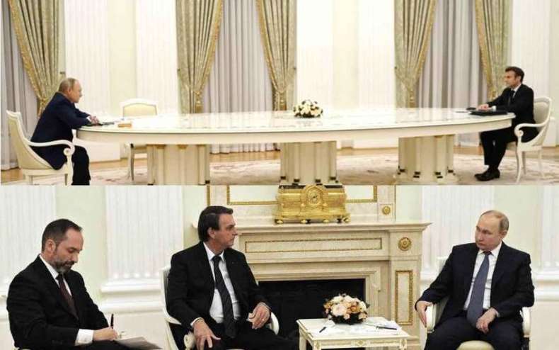 Edit: Photo 1: Macron is sitting on the other side of Putin's desk.  PHOTO2: Bolsonaro sitting next to Putin