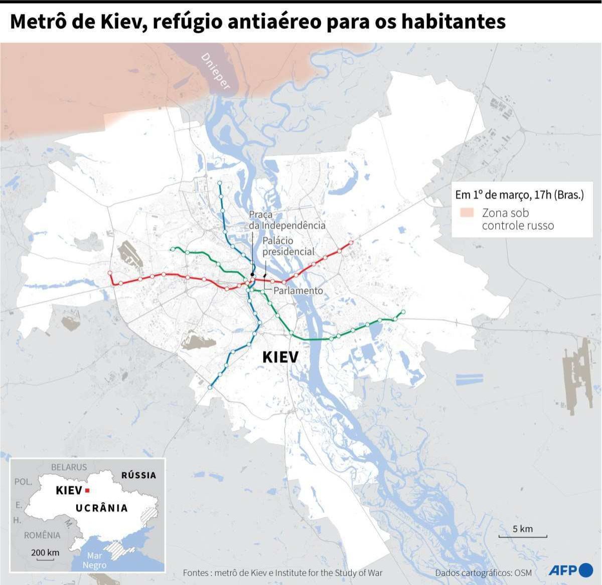 Infographics Wednesday 2/3 - Kyiv map with the location of the three metro lines of the Ukrainian capital and the Russian-controlled area of ​​the city, March 1 at 5 p.m. (Br.)