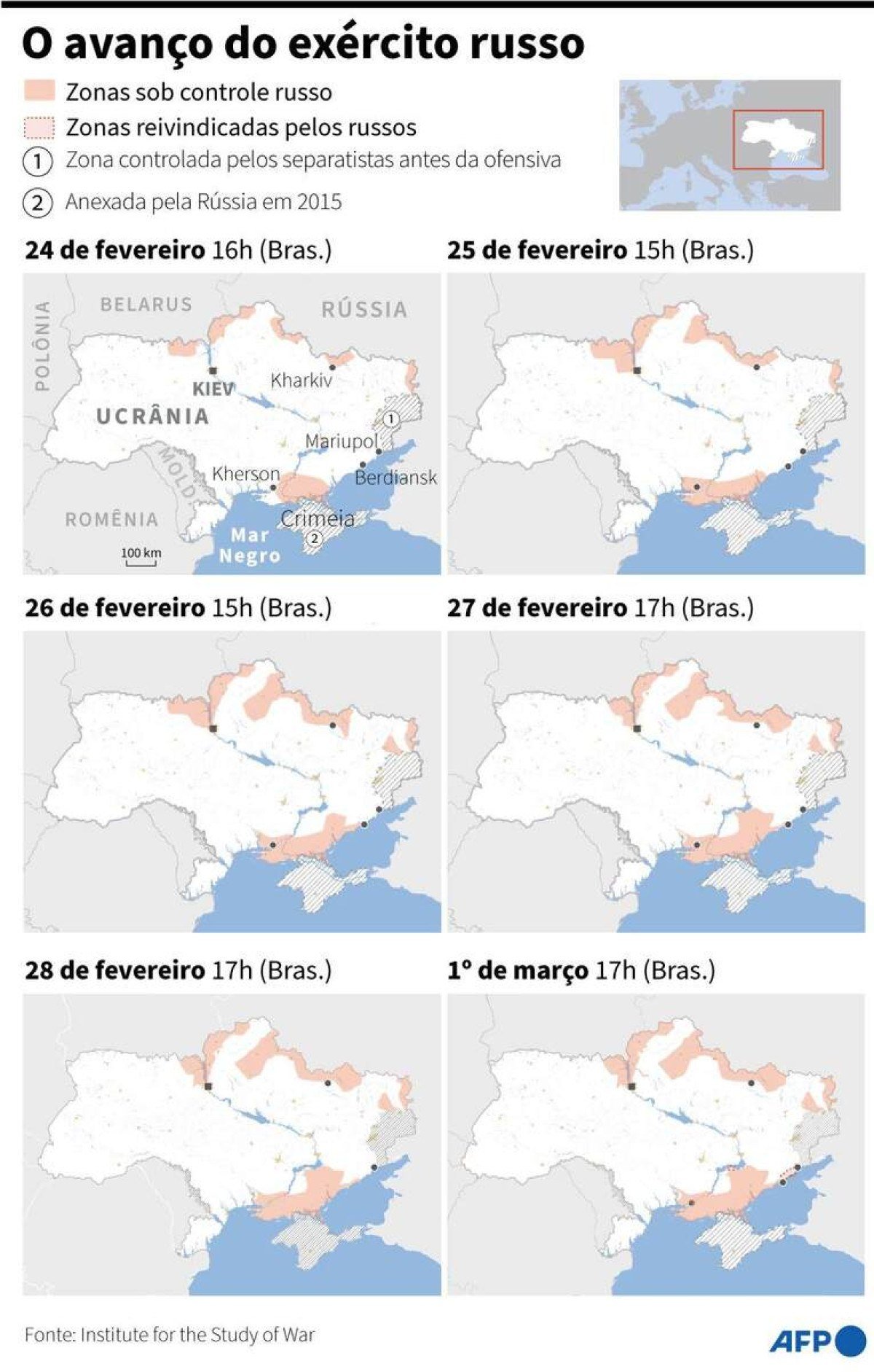Infographics Wednesday 2/3 - Comparison of areas under Russian control from February 24 to March 1 Map of Ukraine