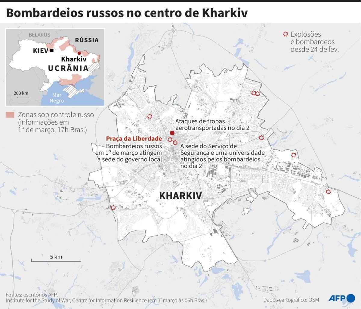 Infographics Wednesday 2/3 - Location of explosions and bombings since February 24 in the center of Kharkiv, Ukraine's second largest city.  Credits: Simon Malfato, Sophie Ramis, Maria-Cecilia Rezende, Kenan Augard / AFP