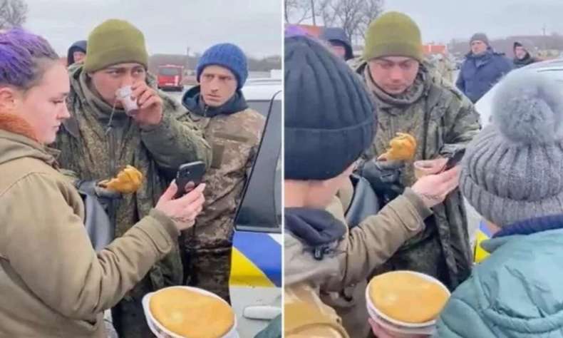 Russian soldier feeds and cries when he is in am.  talks to