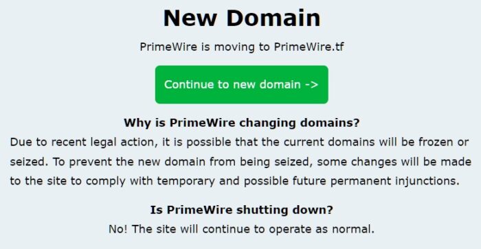 Primewire domain change notice (image: reproduction)