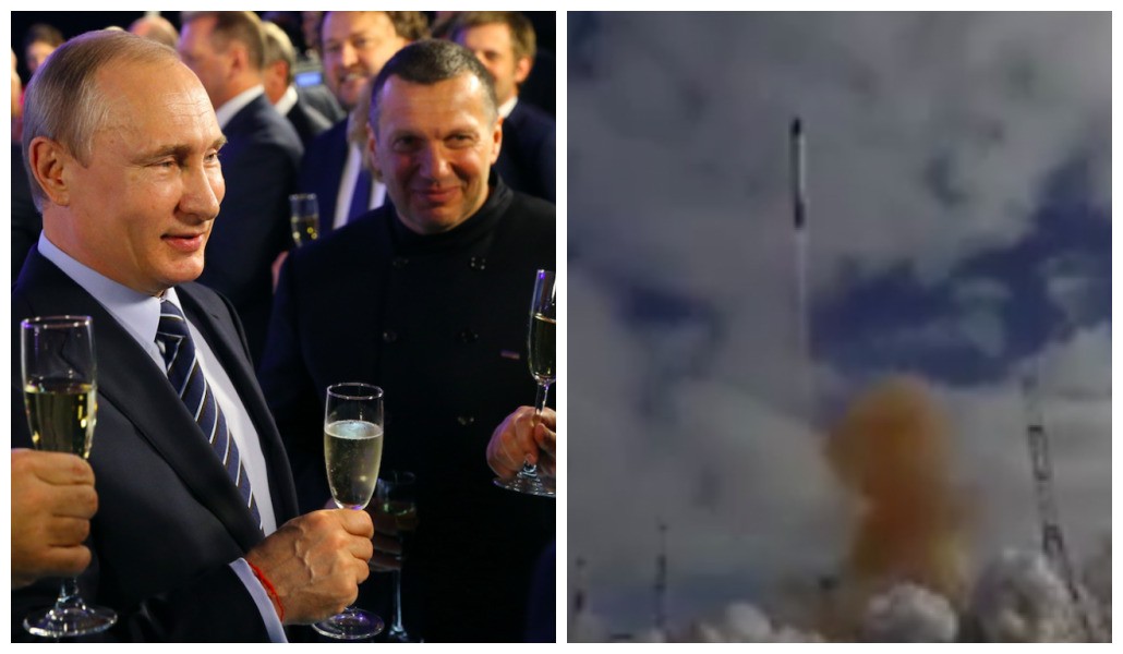 Vladimir Putin and a Sarmat missile next to presenter Vladimir Solovyov at an event in May 2016 (Photo: Getty Images/Reproduction)