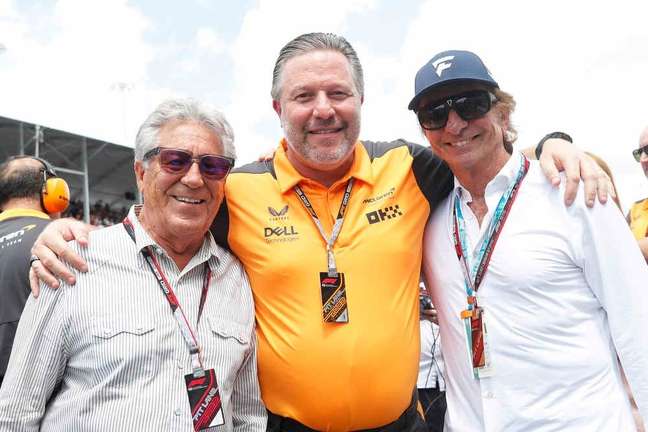 Miami GP.  Zak Brown poses with Mario Andretti and Emerson Fittipaldi during 