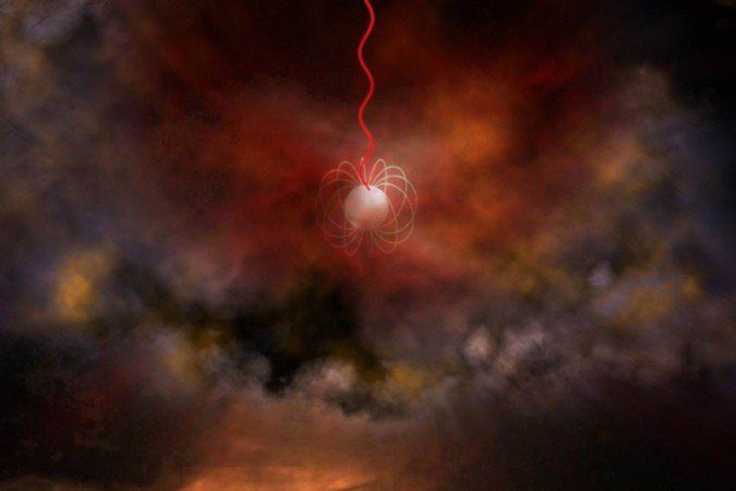 Artist's concept of a neutron star with an extremely strong magnetic field, called a magnetar, that emits radio waves (red) Magnetars, which are a prime candidate for rapid radio bursts