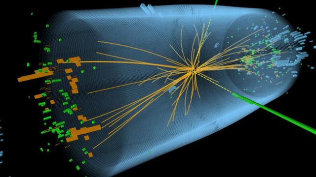 Remnants of colliding particles at the Large Collider show tracks matching the characteristics of the Higgs boson